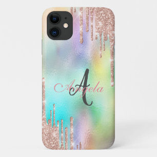 Glitter Drips Roze Goud,Monogram Holografisch iPhone 11 Hoesje