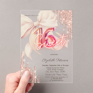 Glitter Drips Roze Strik Glanzend Sweet 16 Acryl Uitnodigingen