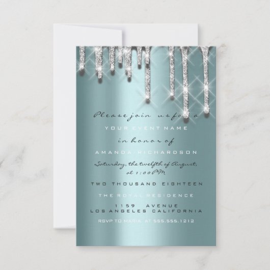 Glitter Drips Zilver Teal Bruiloft Sweet 16e 3d Kaart (Voorkant)