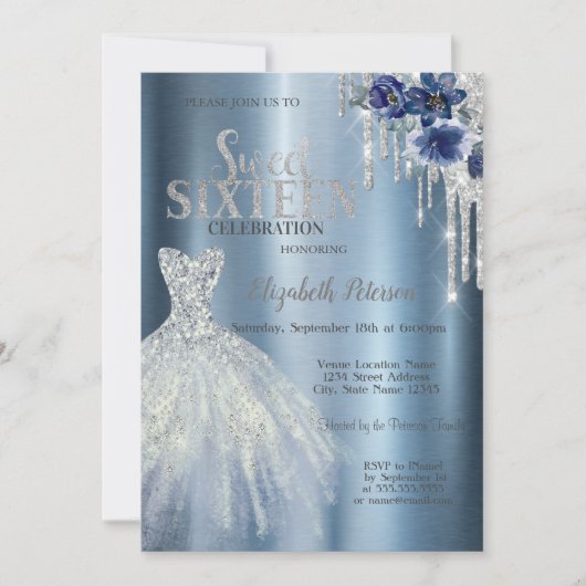 Glitter Druppels, Blauwe Jurk Bloemen Metallic Zoe Kaart (Voorkant)