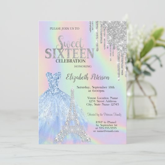 Glitter druppels, jurk, Eiffeltoren Opal Sweet 16 Kaart (Staand voorkant)