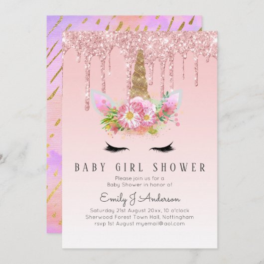 GLITTER EENHOORN Baby MEISJE Shower Roze Goud Kaart (Voorkant / Achterkant)