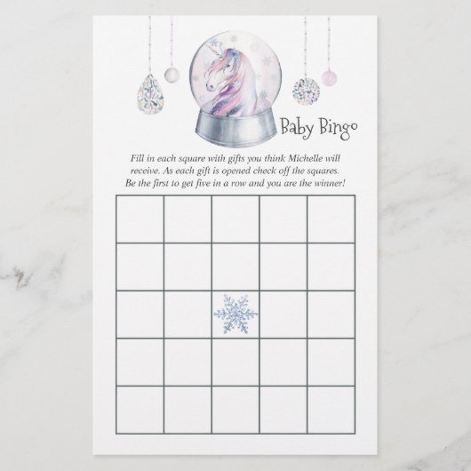 Glitter Eenhoorn Kerst Baby shower Bingo (Voorkant)
