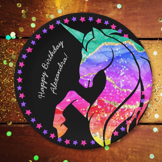 Glitter Eenhoorn Regenboog w / Voornaam Verjaardag Papieren Bordje