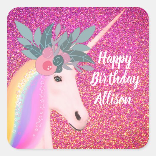 Glitter Eenhoorn Roze Sparkle Bloemen Gelukkige Ve Vierkante Sticker (Voorkant)