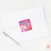 Glitter Eenhoorn Roze Sparkle Bloemen Gelukkige Ve Vierkante Sticker (Envelop)