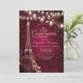 Glitter Eiffel Tower, Burgundy Rozen Quinceañera Kaart (Staand voorkant)