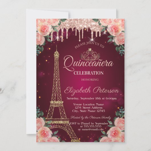 Glitter Eiffel Tower Drift Floral Quinceañera Kaart (Voorkant)