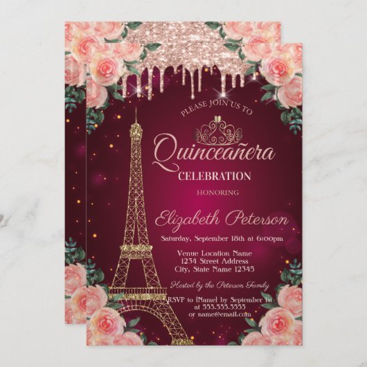 Glitter Eiffel Tower Drift Floral Quinceañera Kaart (Voorkant / Achterkant)