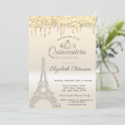 Glitter Eiffel Tower, Drives Gold Quinceañera Kaart (Staand voorkant)