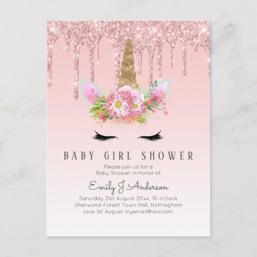 GLITTER EINHOORN Baby MEISJE Shower Roze Goud Briefkaart (Voorkant)