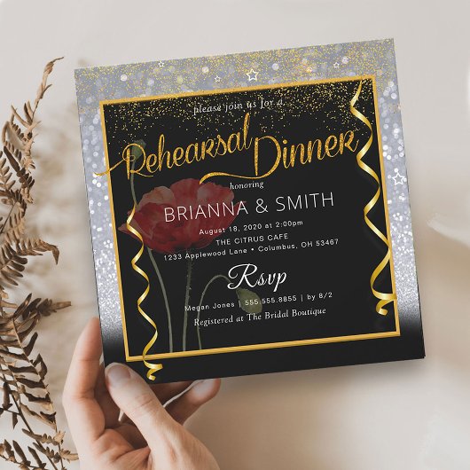 Glitter Elegant Calligraphy Rehearsal Dinner Kaart