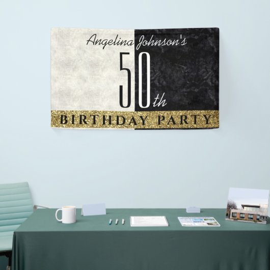 Glitter Elegant Goud Zwart en Wit 50ste Verjaardag Spandoek (Beurs)