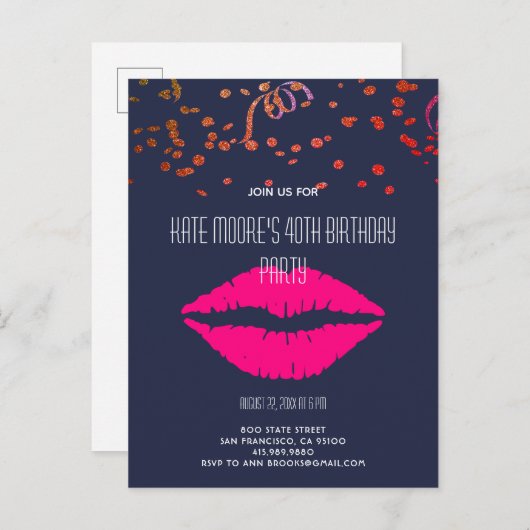 Glitter- en Glam-Confetti en -lips op zwart Uitnodiging Briefkaart (Voorkant / Achterkant)