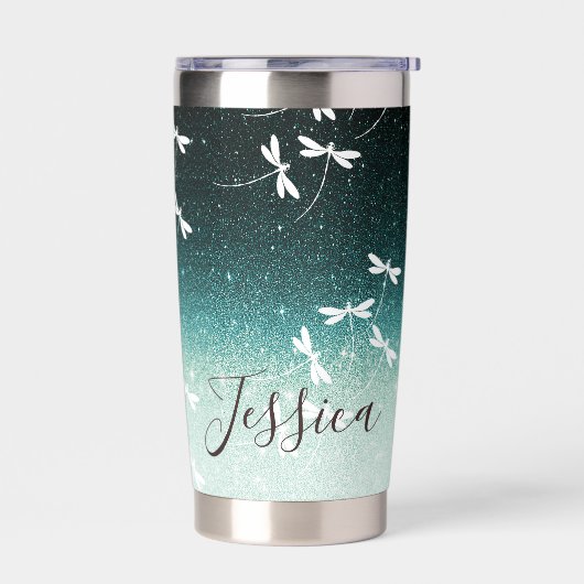 Glitter en libellen op maat geïsoleerde drinkbeker (Links)