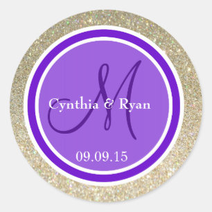 Glitter en Paars huwelijksmonogram Ronde Sticker