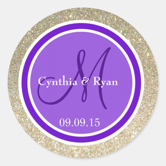 Glitter en Paars huwelijksmonogram Ronde Sticker (Voorkant)