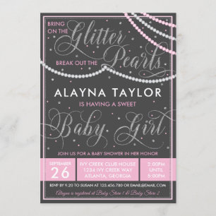 Glitter en Parels Baby shower Invitation, Roze Kaart