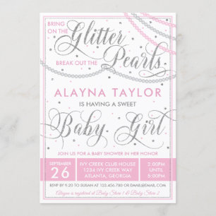 Glitter en Parels Baby shower Invitation, Roze Kaart