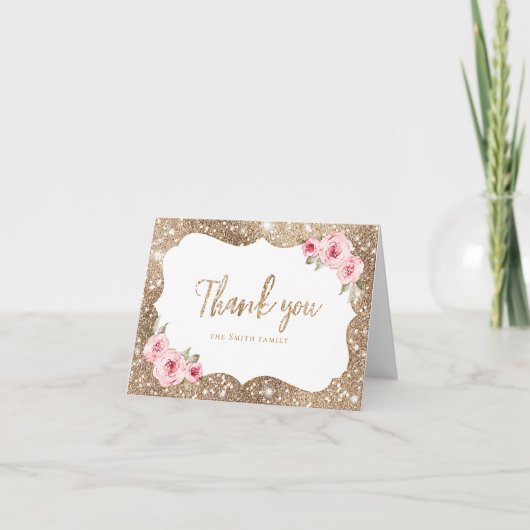 Glitter en roze bloemen bedankbrief bedankkaart (Voorkant)