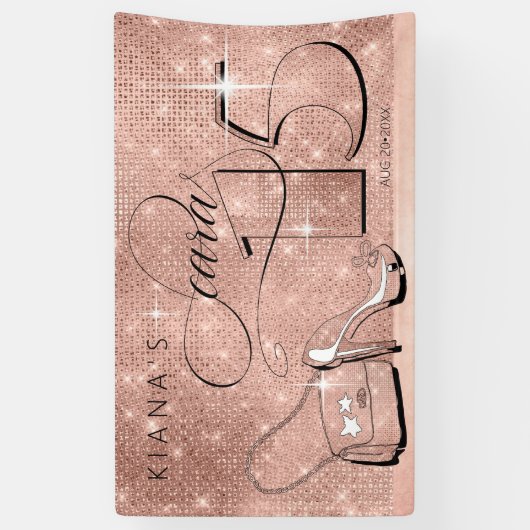 Glitter en Shine Quinceanera Roos Gouden Hor ID701 Spandoek (Verticaal)