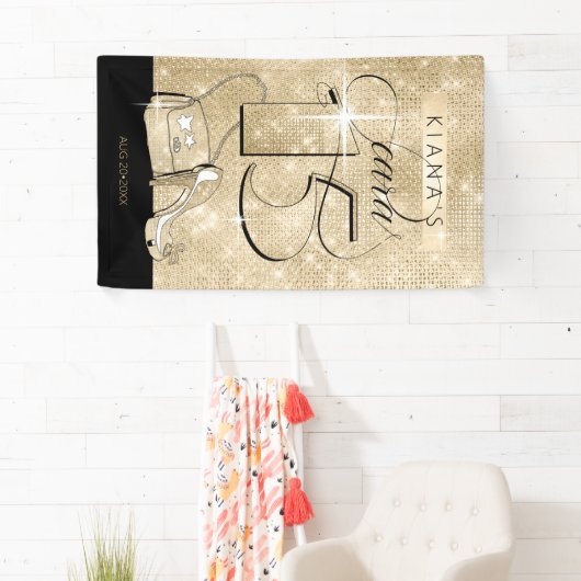 Glitter en Shine Quinceanera Zwart/Goud Vrt ID701 Spandoek (Insitu)