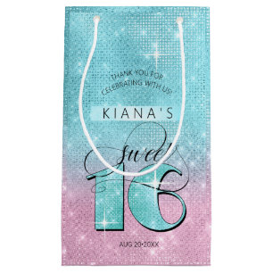 Glitter en Shine Sweet 16 Blauwgroen/Roze ID675 Klein Cadeauzakje