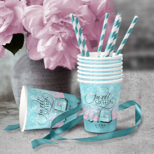 Glitter en Shine Sweet 16 V2 Blauwgroen/Roze ID675 Papieren Bekers