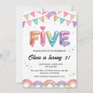 Glitter FIVE Girly Rainbow Sequin 5th Birthday Kaart