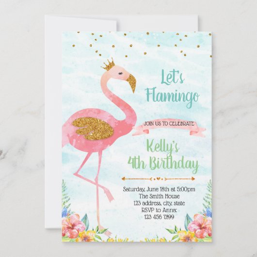 Glitter flamingo partijuitnodiging kaart (Voorkant)