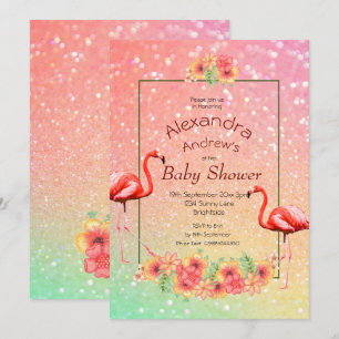Glitter Flamingo Tropical Flowers Baby shower Kaart