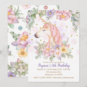 Glitter Floral Unicorn Girls Modern Birthday Party Kaart
