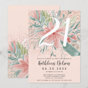 Glitter floral waterverf blush roze 21ste verjaard kaart