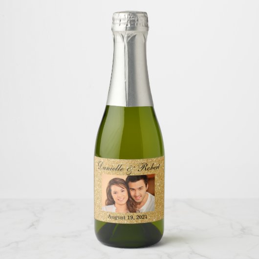 Glitter Foto Bruiloft Mini Mousserende Wijn Favor Sparkling Wijnetiket (Voorkant)
