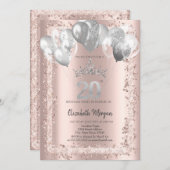 Glitter Frame,Silver Crown,Balloons 20th Birthday Kaart (Voorkant / Achterkant)