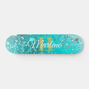 Glitter Girly Blauwgroen Mermaid Monogram Name Fan Skateboard