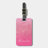 Glitter Girly Sparkly Roos Pink Script Name Bagagelabel (Voorkant verticaal)