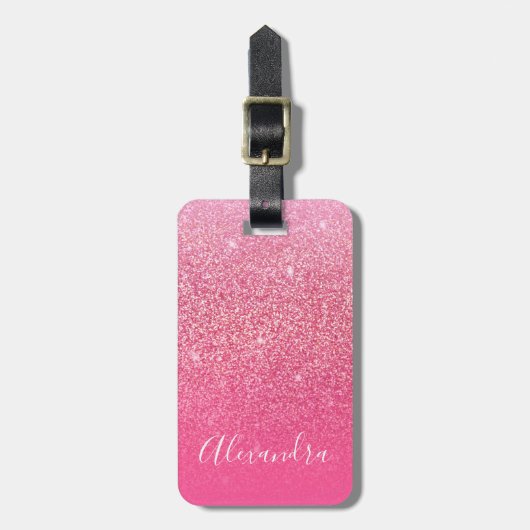 Glitter Girly Sparkly Roos Pink Script Name Bagagelabel (Voorkant verticaal)