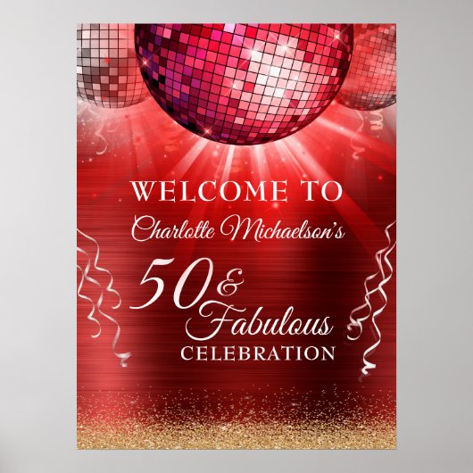 Glitter Glam 50 & Fabulous Red Disco Ball Poster (Voorkant)
