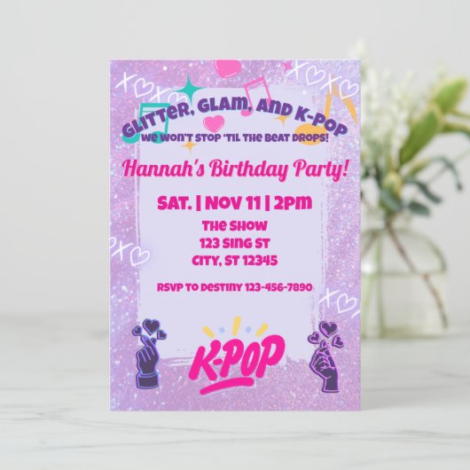Glitter, Glam, & K-Pop Birthday Party Kaart (Staand voorkant)