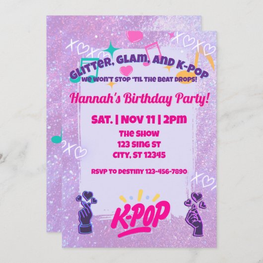 Glitter, Glam, & K-Pop Birthday Party Kaart (Voorkant / Achterkant)