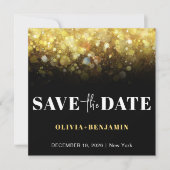 Glitter Glam Zwart en Gouden Bruiloft Save The Dat Kaart (Voorkant)