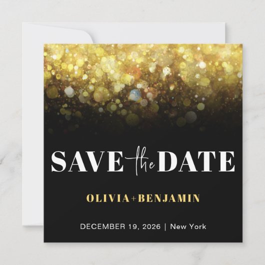 Glitter Glam Zwart en Gouden Bruiloft Save The Dat Kaart (Voorkant)