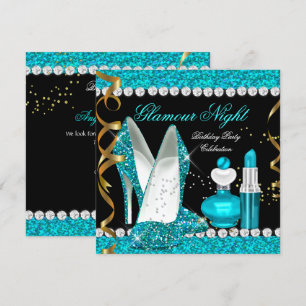 Glitter Glamour Nacht Teal Blauw Goud Zwart Feest  Kaart