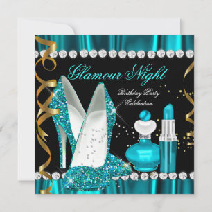 Glitter Glamour Nacht Teal Blauw Goud Zwart Feest  Kaart