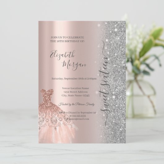 Glitter Glitter Jurk Rose Goud Sweet 16 Kaart (Staand voorkant)