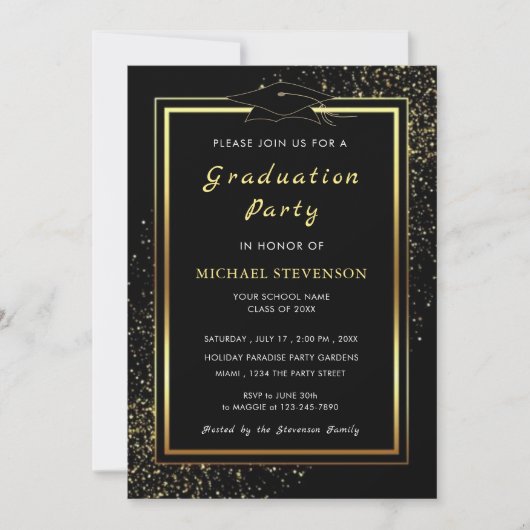 Glitter Gold Black Afstuderen Invitation Sjabloon (Voorkant)