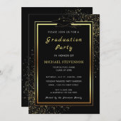 Glitter Gold Black Afstuderen Invitation Sjabloon (Voorkant / Achterkant)