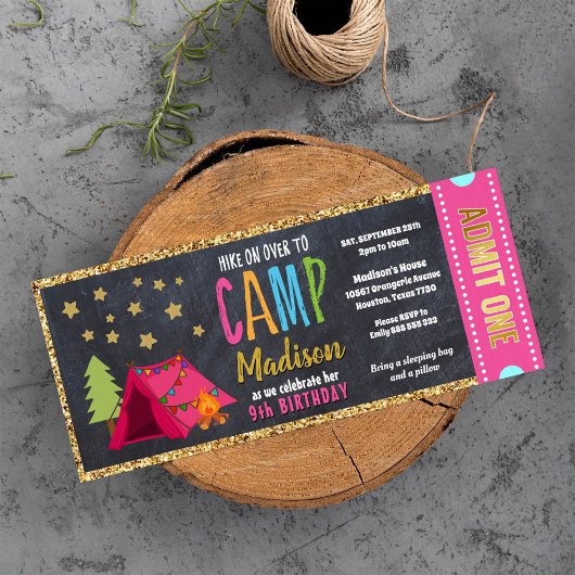 Glitter Gold Blackboard Glamping Ticket Pass Kaart