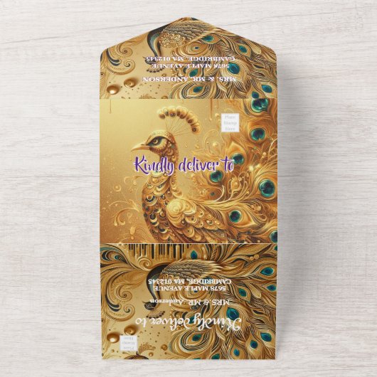 Glitter Gold Dripping Elegant Peacock All In One Uitnodiging (Buitenkant)